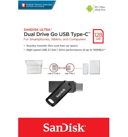 SANDISK 128GB Ultra Dual USB 3.1 Type-C (USB-C & USB-A) (SDDDC3-128G-G46) Flash Drive